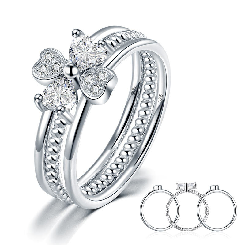 Bague 3 pièces en argent sterling avec diamants synthétiques taille cœur