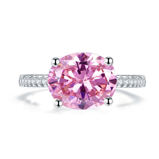 Anillo de plata de ley con diamante rosa simulado de talla ovalada de 4 quilates