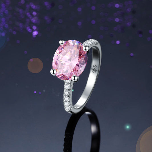 Anillo de plata de ley con diamante rosa simulado de talla ovalada de 4 quilates