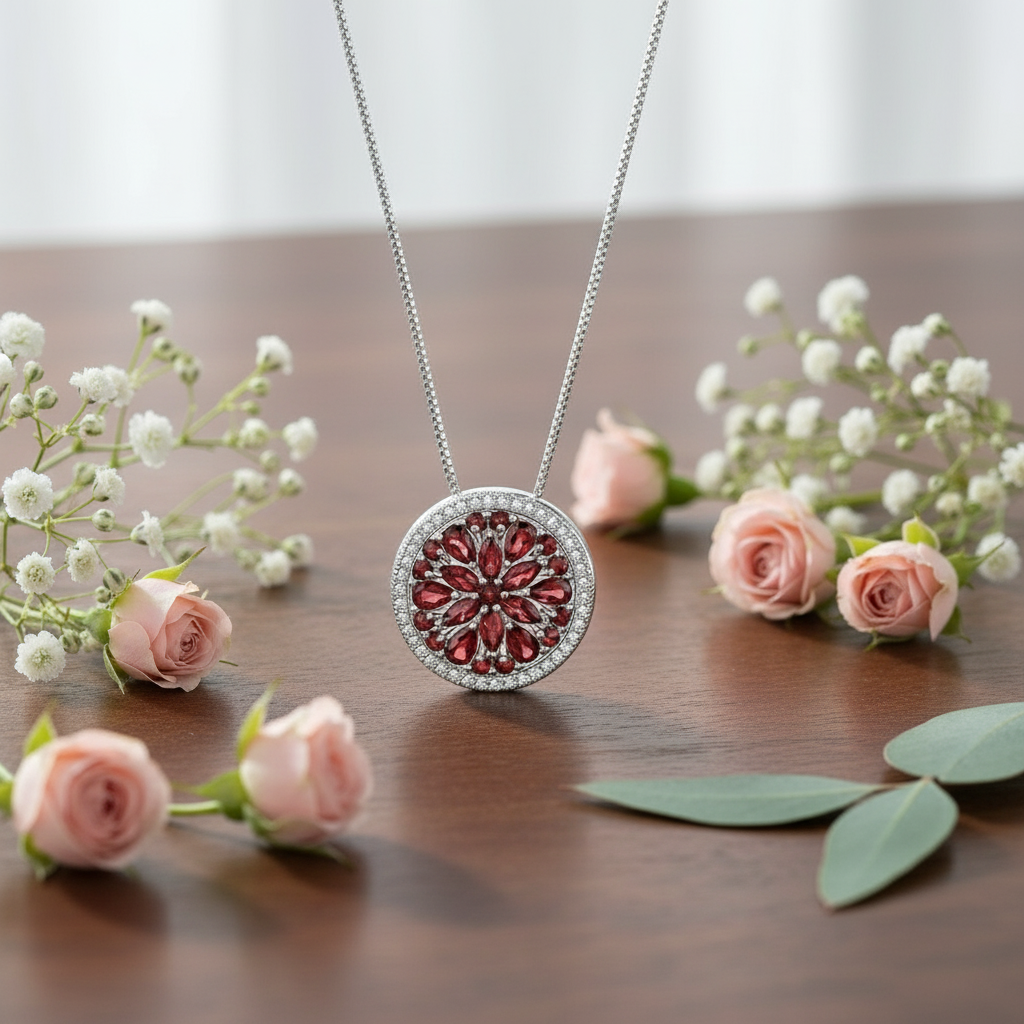 GRACE Red Garnet Round Cluster Pendant Necklace in Sterling Silver