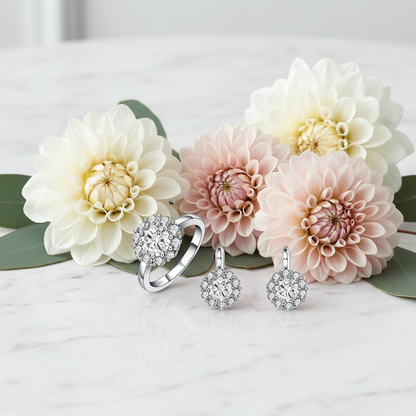 GRACE Gemstone Flower Cluster Earrings Ring Set in Sterling Silver