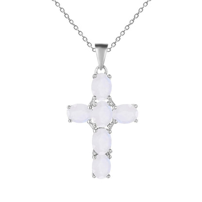 GRACE Oval Gemstone Cross Necklace in Sterling Silver