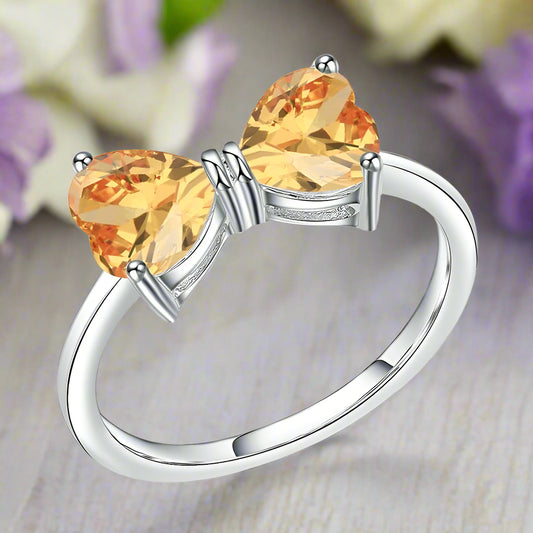 Anillo GRACE de dos piedras preciosas naturales con lazo de corazón en plata de ley