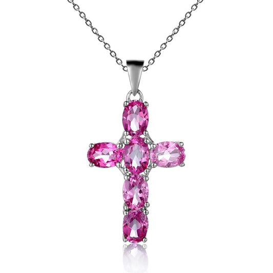 GRACE Oval Gemstone Cross Necklace in Sterling Silver