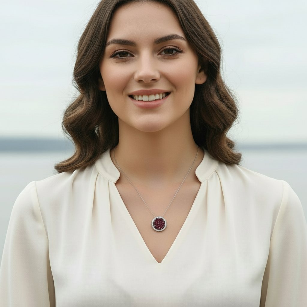 GRACE Red Garnet Round Cluster Pendant Necklace in Sterling Silver