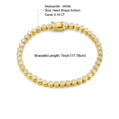 Pulsera de tenis con bisel de moissanita de 3 mm en forma de corazón en plata de ley chapada en oro de 14 quilates
