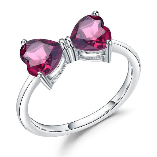 Anillo GRACE de dos piedras preciosas naturales con lazo de corazón en plata de ley