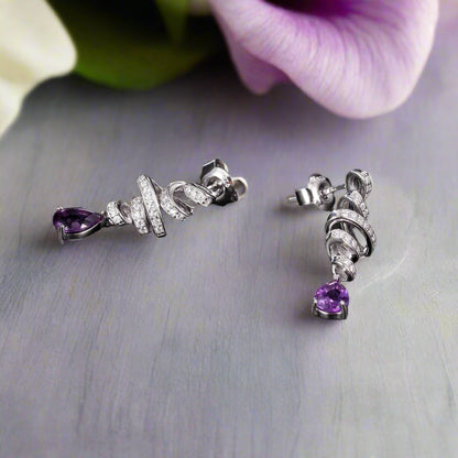 Pendientes GRACE con forma de lágrima de amatista y lazo en plata de ley