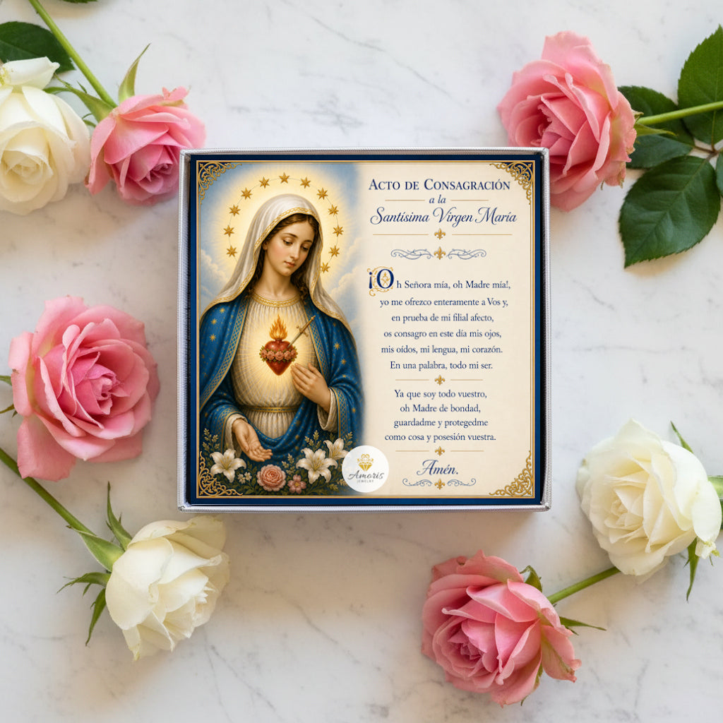 Immaculate Heart of Mary Birthstone Necklace with Marian Consecration Card in ENGLISH or SPANISH