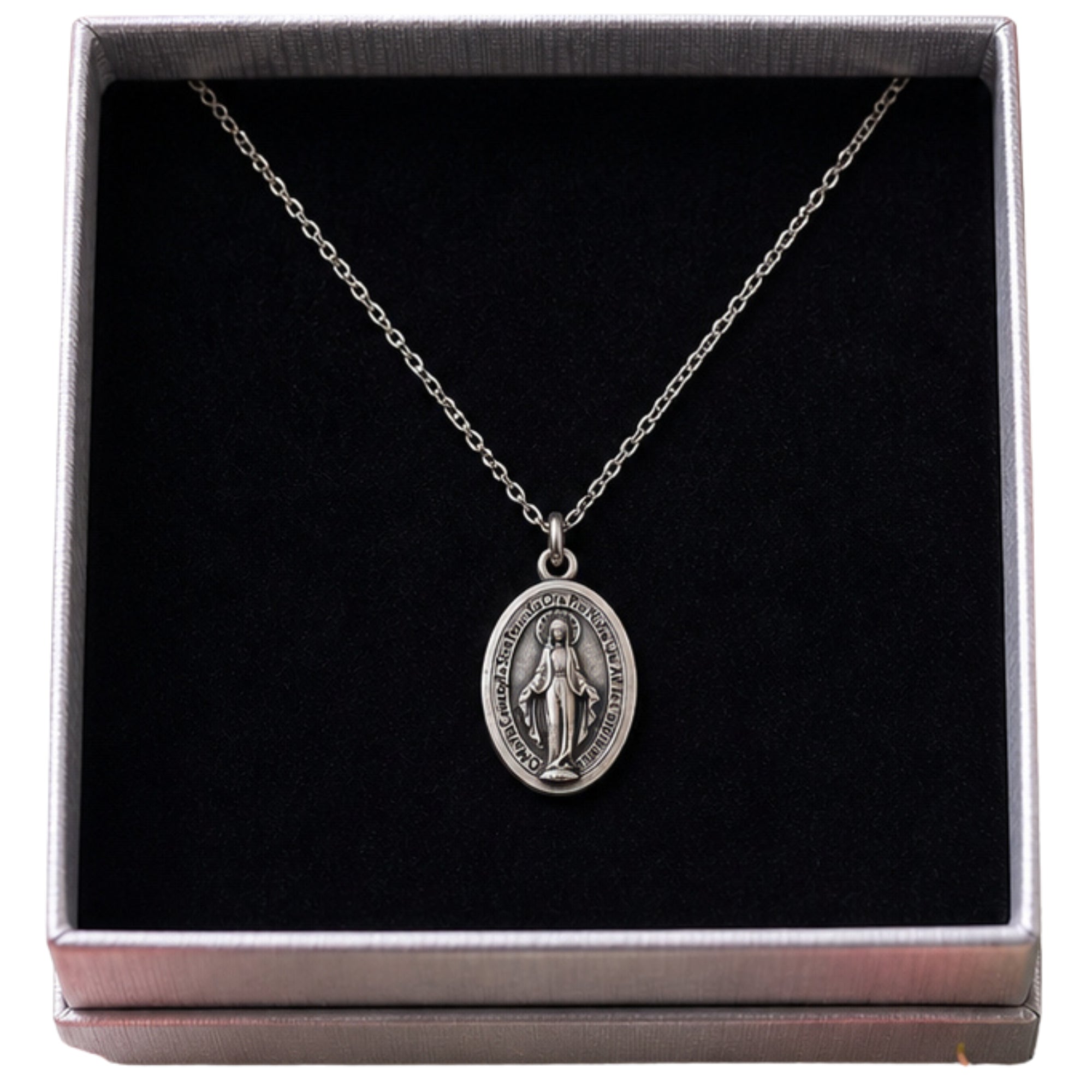 Miraculous Medal Necklace with Gift Box (Medal Made in Italy, Silver-Plated)