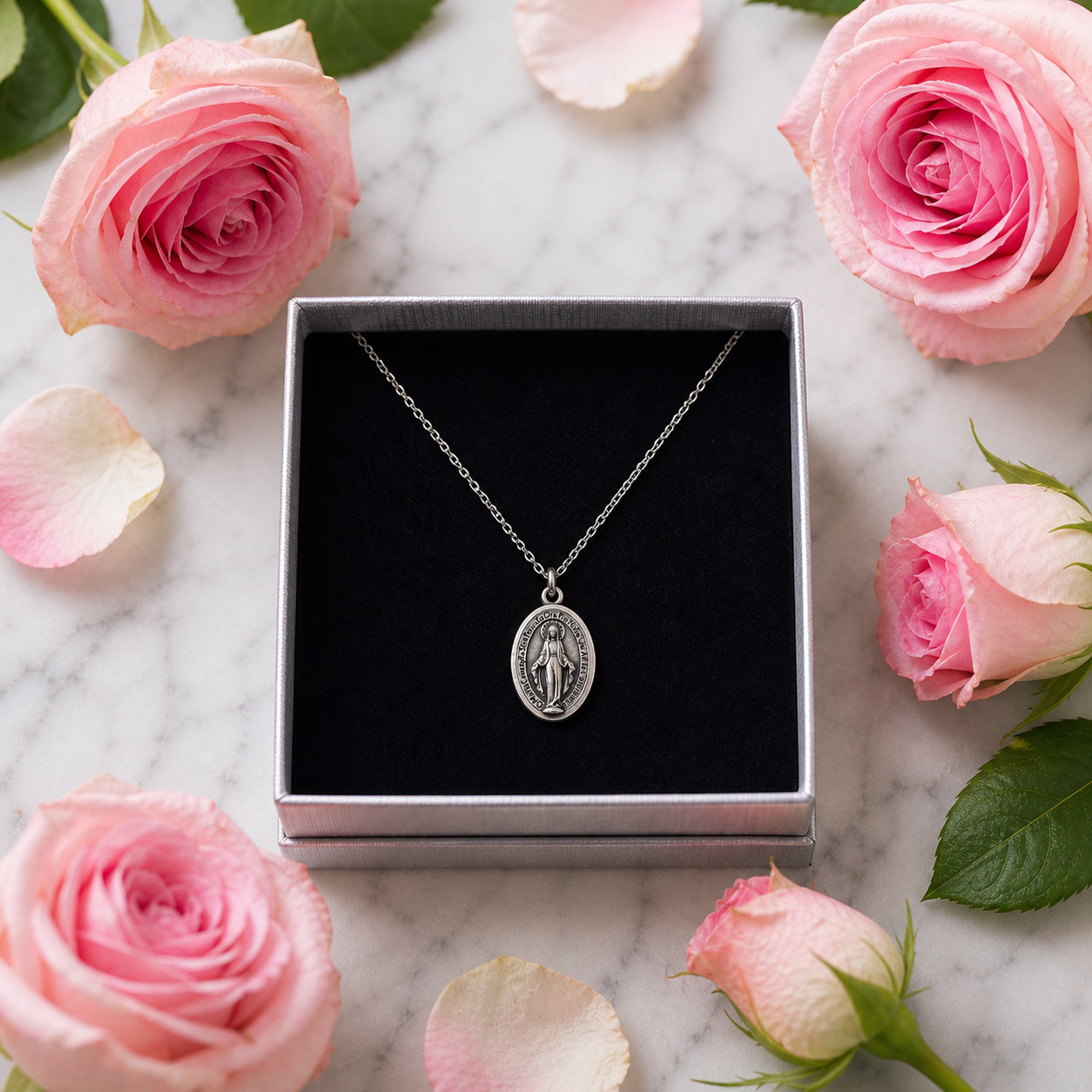 Miraculous Medal Necklace with Gift Box (Medal Made in Italy, Silver-Plated)