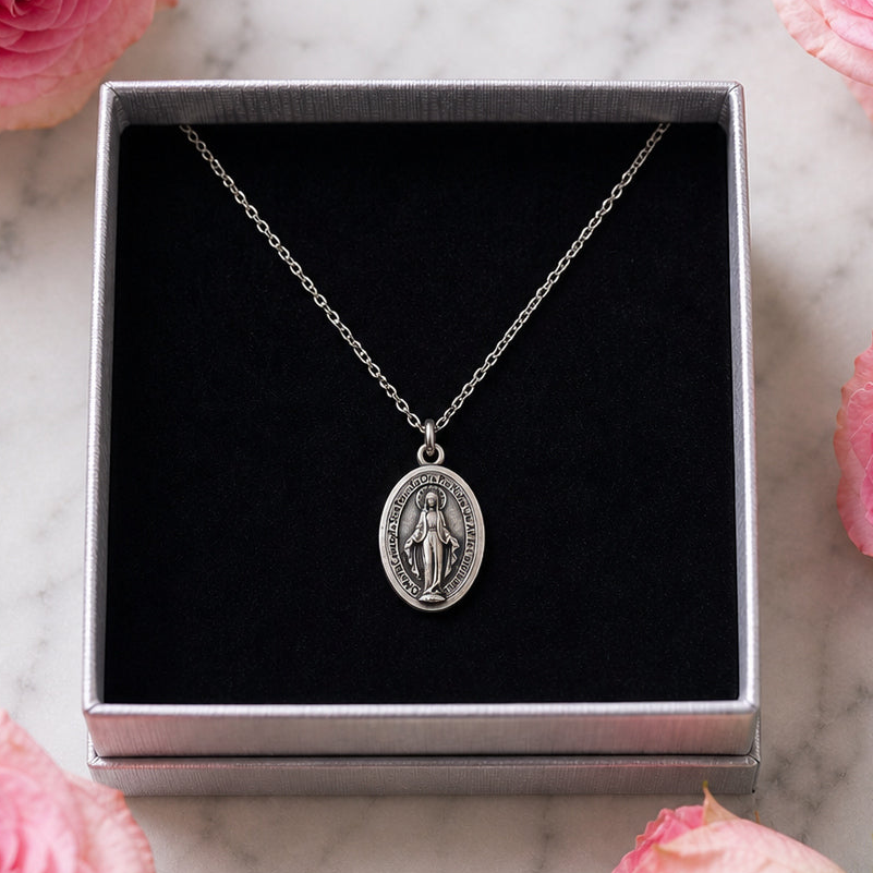 Miraculous Medal Necklace with Gift Box (Medal Made in Italy, Silver-Plated)