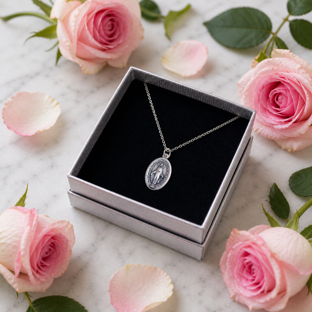 Miraculous Medal Necklace with Gift Box (Medal Made in Italy, Silver-Plated)