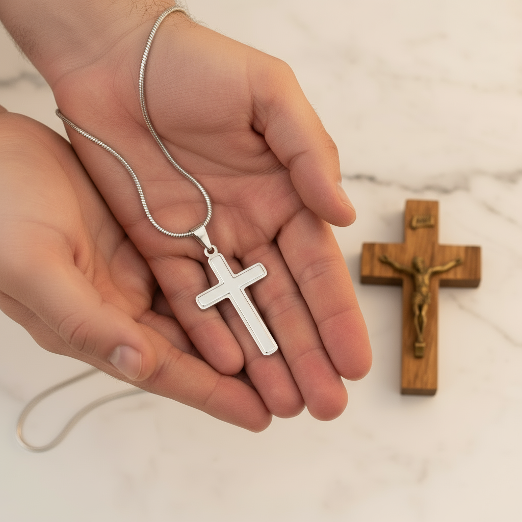 Collier croix artisanal « Mon cher ami » (homme) avec citation de Sainte Gemma Galgani