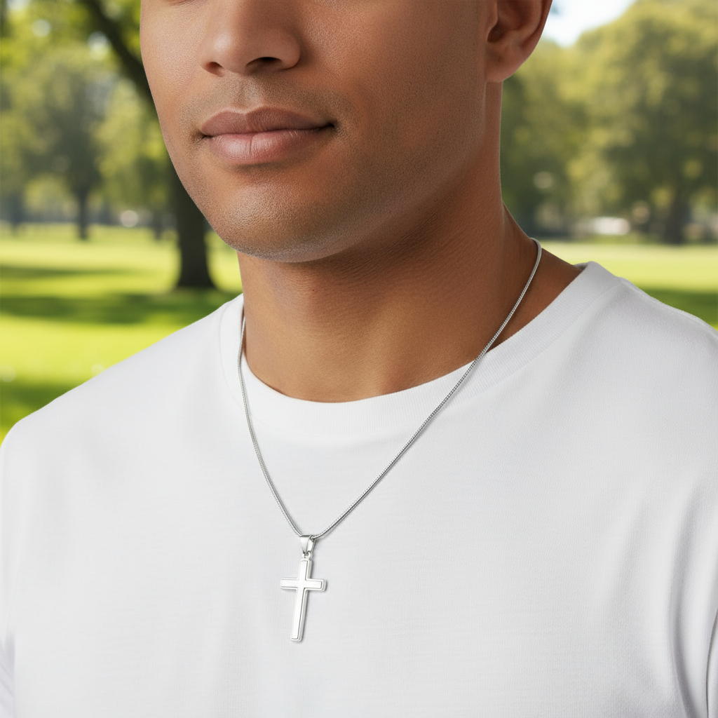 Collier croix artisanal « Mon cher ami » (homme) avec citation de Sainte Gemma Galgani