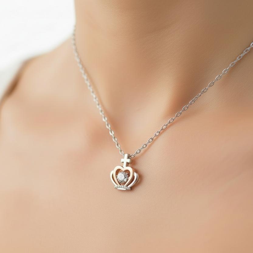 Salve Regina Crown Pendant Necklace in Sterling Silver with LATIN Prayer Card