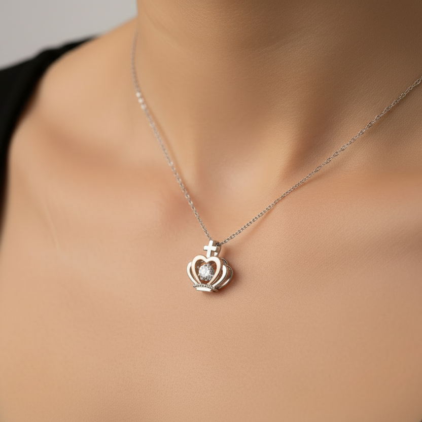 Salve Regina Crown Pendant Necklace in Sterling Silver with LATIN Prayer Card