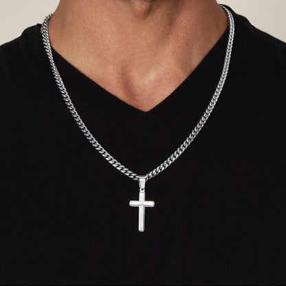 Collier artisanal en chaîne cubaine avec croix et citation de Saint Jean de la Croix