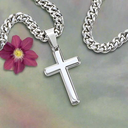 Collier artisanal en chaîne cubaine avec croix et citation de Saint Jean de la Croix