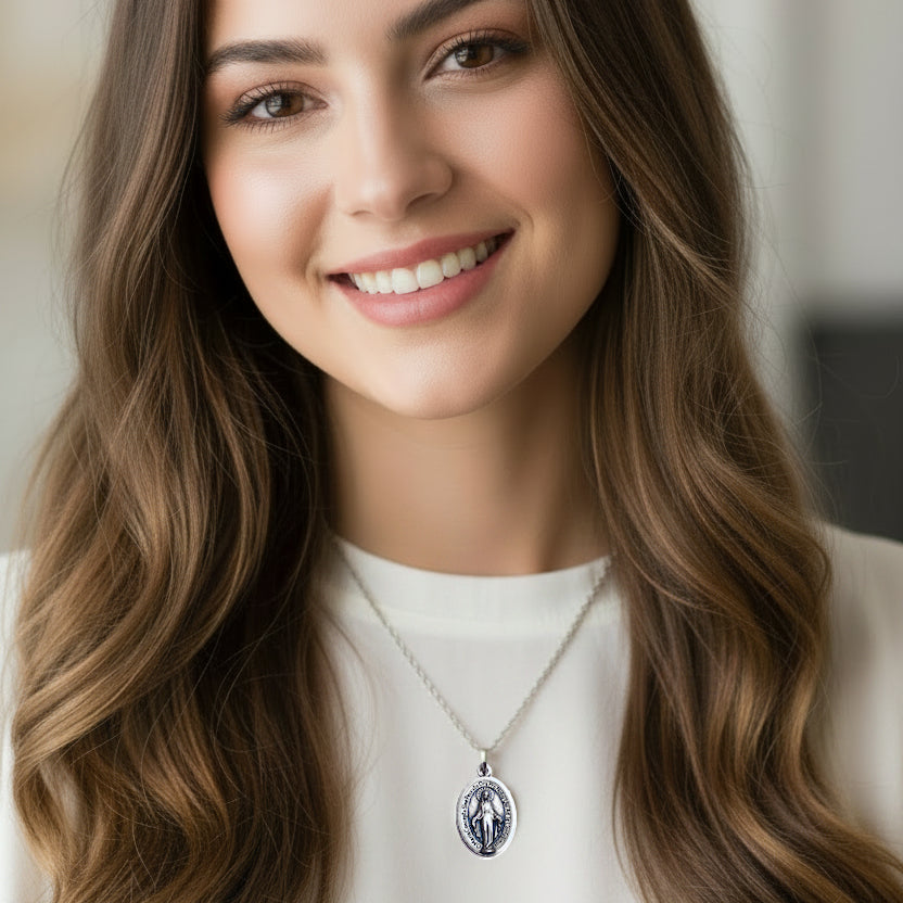 Miraculous Medal Necklace with Regina Caeli Prayer Card in ENGLISH, SPANISH or LATIN