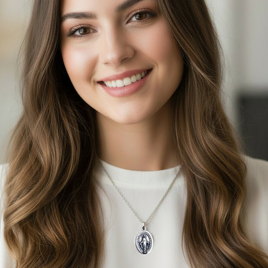 Miraculous Medal Necklace with Gift Box (Medal Made in Italy, Silver-Plated)