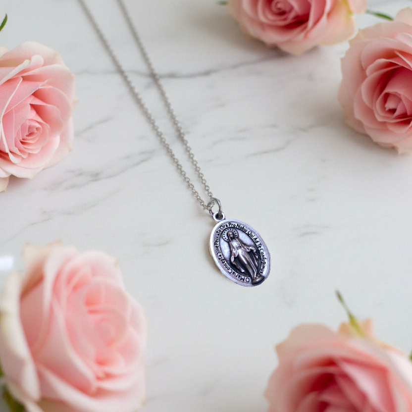 Miraculous Medal Necklace with Regina Caeli Prayer Card in ENGLISH, SPANISH or LATIN