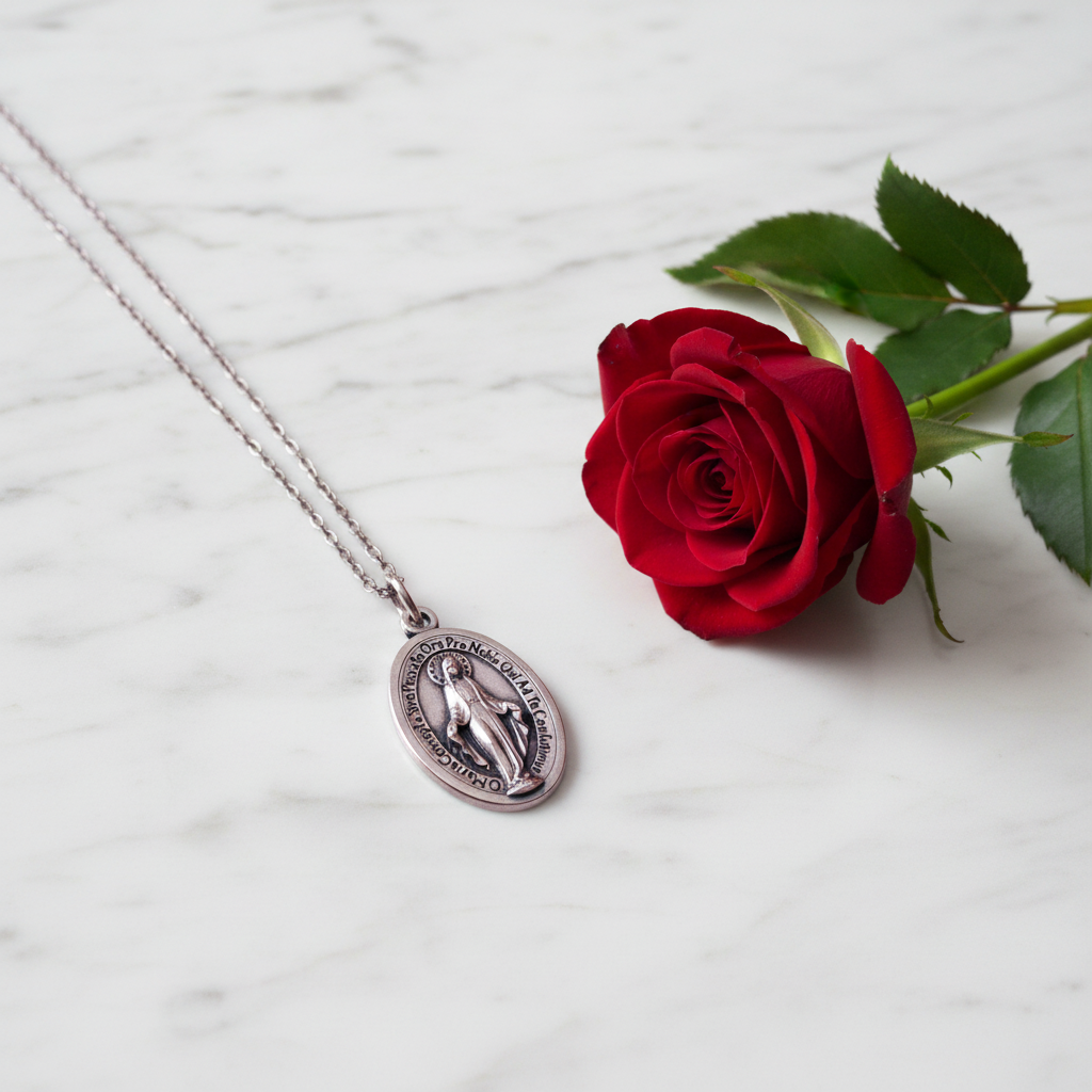 Miraculous Medal Necklace with Regina Caeli Prayer Card in ENGLISH, SPANISH or LATIN