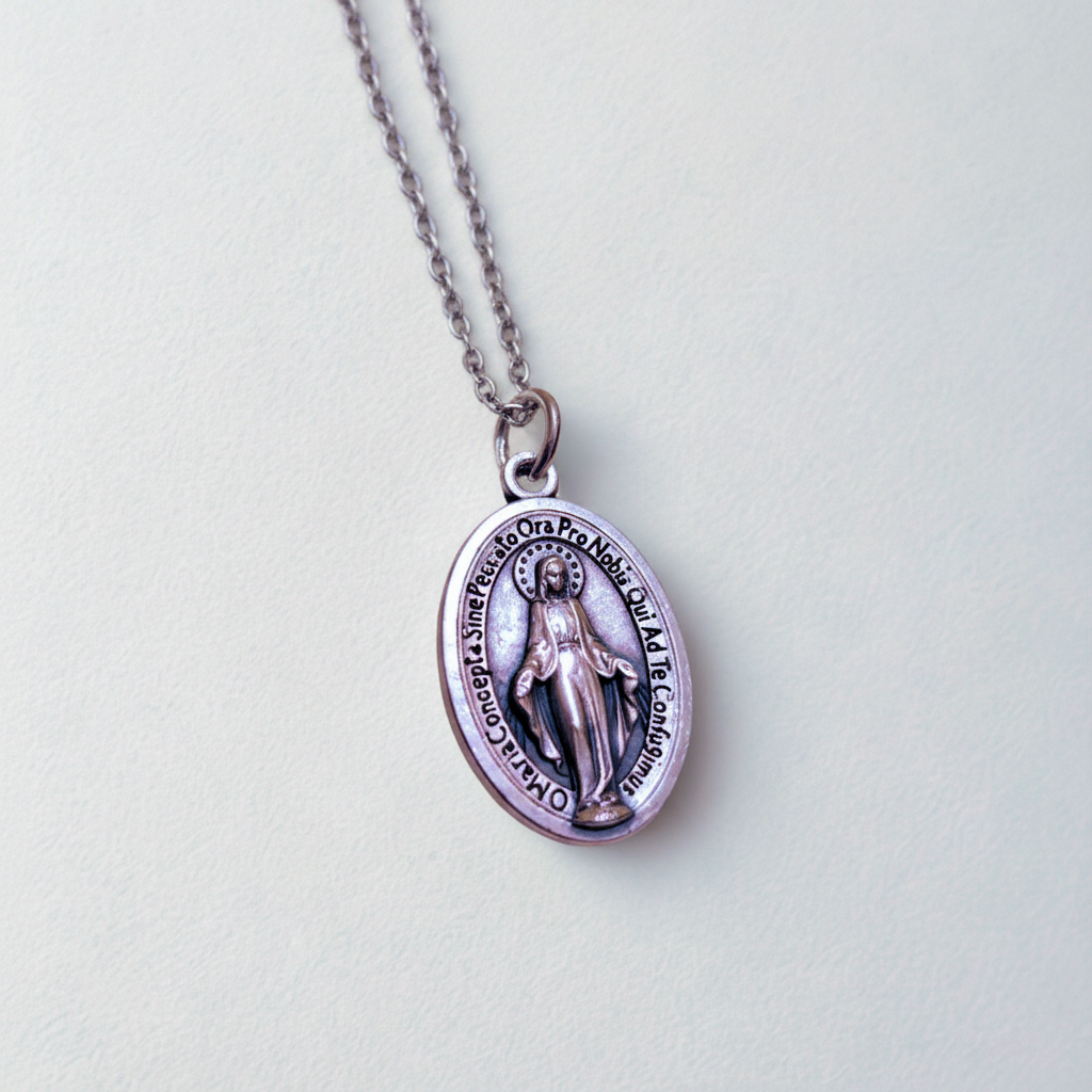 Miraculous Medal Necklace with Regina Caeli Prayer Card in ENGLISH, SPANISH or LATIN