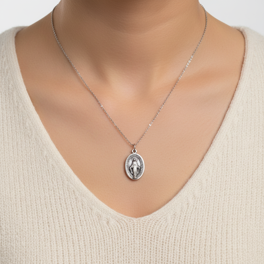 Miraculous Medal Necklace with Regina Caeli Prayer Card in ENGLISH, SPANISH or LATIN
