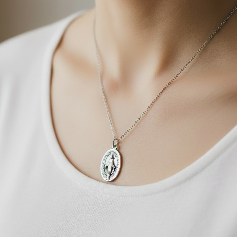 Miraculous Medal Necklace with Regina Caeli Prayer Card in ENGLISH, SPANISH or LATIN