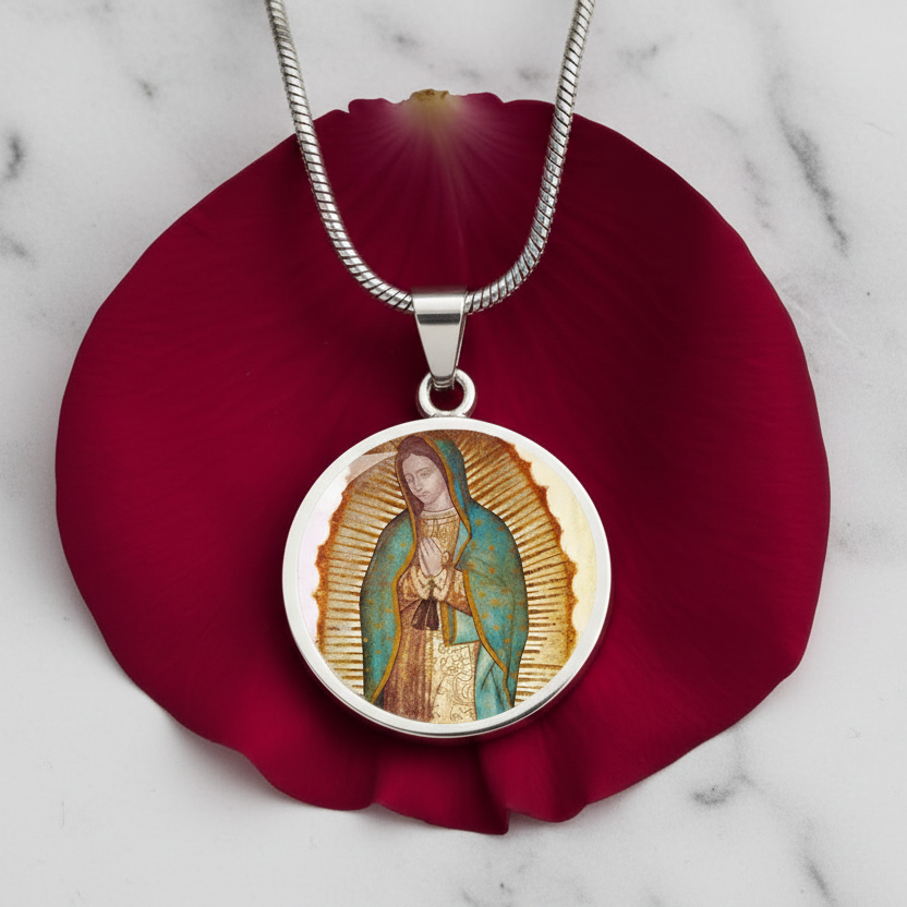 Our Lady of Guadalupe Round Necklace with Personalized Engraving