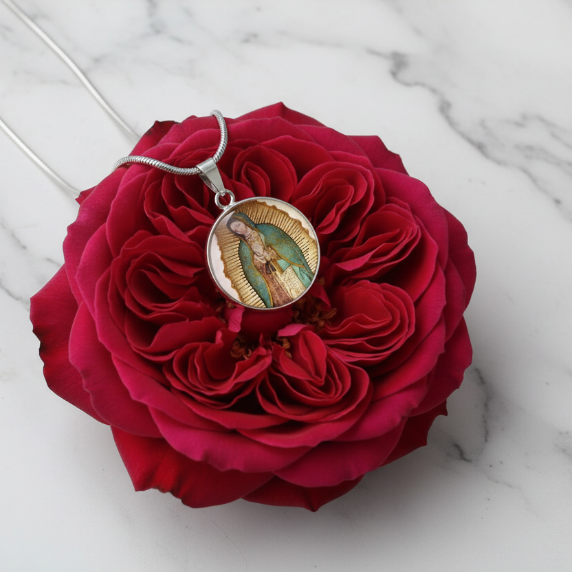 Our Lady of Guadalupe Round Necklace with Personalized Engraving