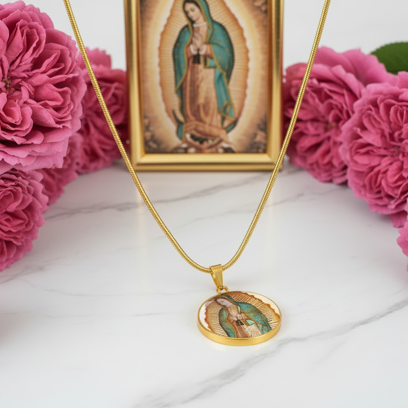 Our Lady of Guadalupe Round Necklace with Personalized Engraving