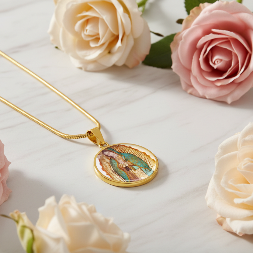 Our Lady of Guadalupe Round Necklace with Personalized Engraving