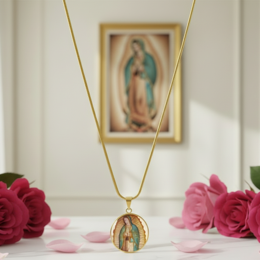 Our Lady of Guadalupe Round Necklace with Personalized Engraving