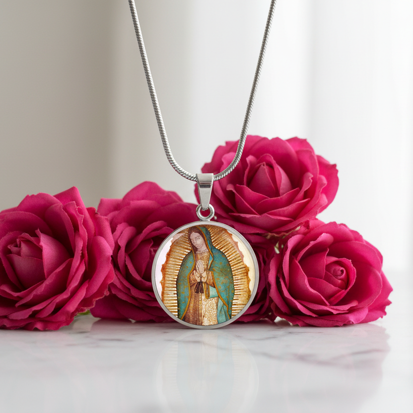 Our Lady of Guadalupe Round Necklace with Personalized Engraving