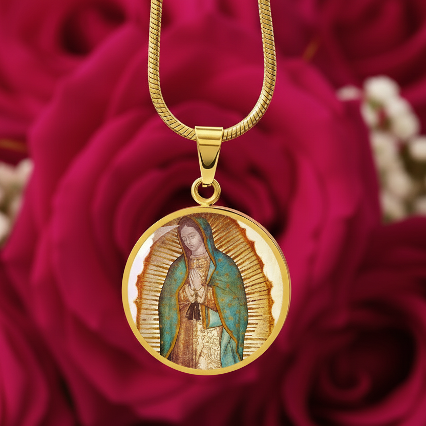 Our Lady of Guadalupe Round Necklace with Personalized Engraving