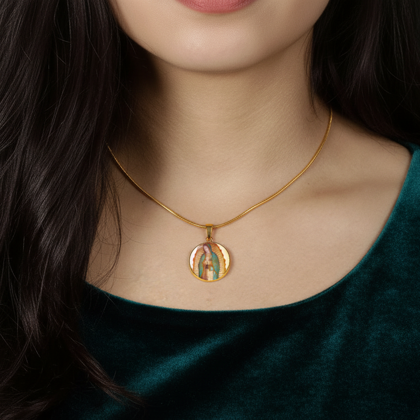 Our Lady of Guadalupe Round Necklace with Personalized Engraving