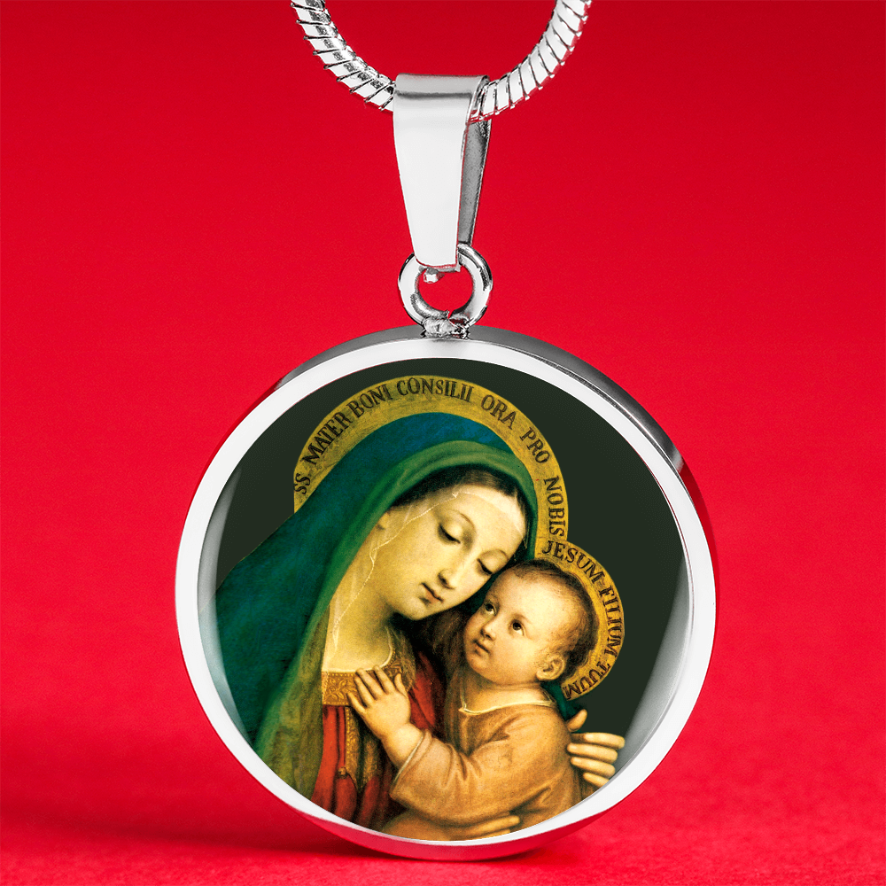 Our Lady of Good Counsel Round Necklace with Personalized Engraving