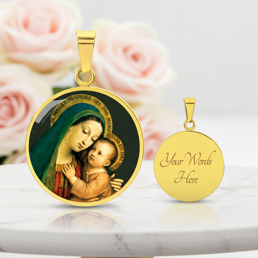 Our Lady of Good Counsel Round Necklace with Personalized Engraving