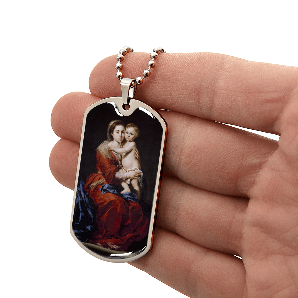 Our Lady of the Rosary Tag Necklace with Personalized Engraving