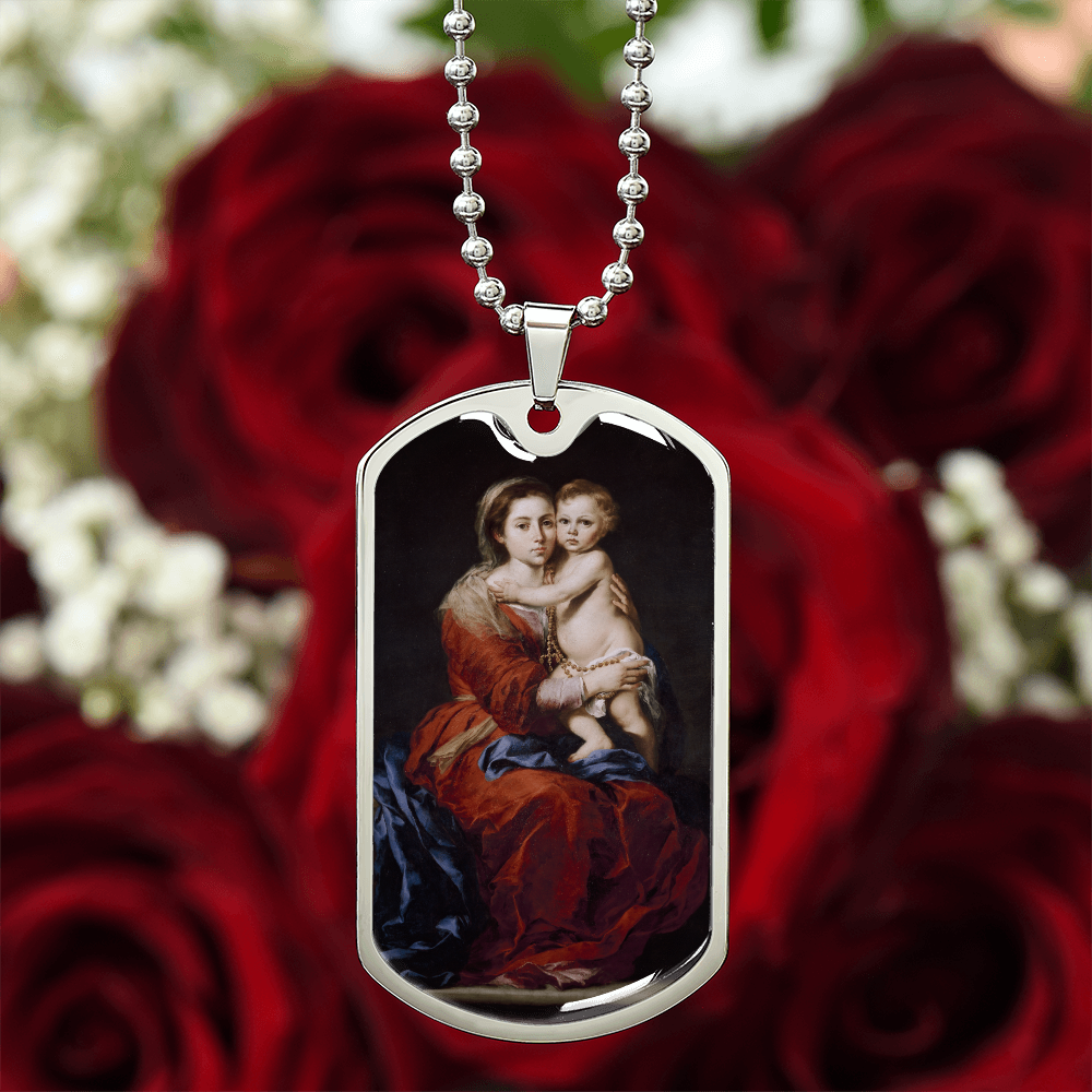 Our Lady of the Rosary Tag Necklace with Personalized Engraving