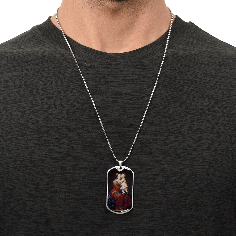 Our Lady of the Rosary Tag Necklace with Personalized Engraving