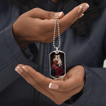 Our Lady of the Rosary Tag Necklace with Personalized Engraving