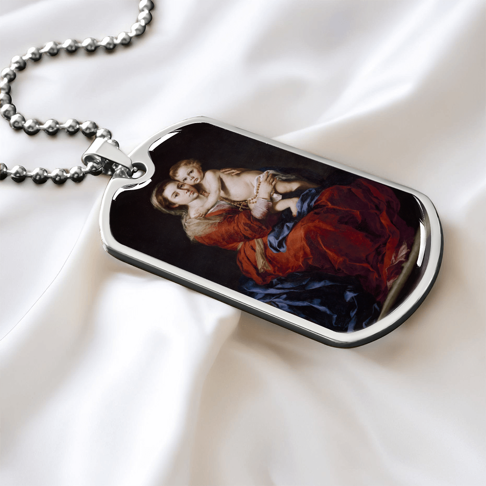 Our Lady of the Rosary Tag Necklace with Personalized Engraving