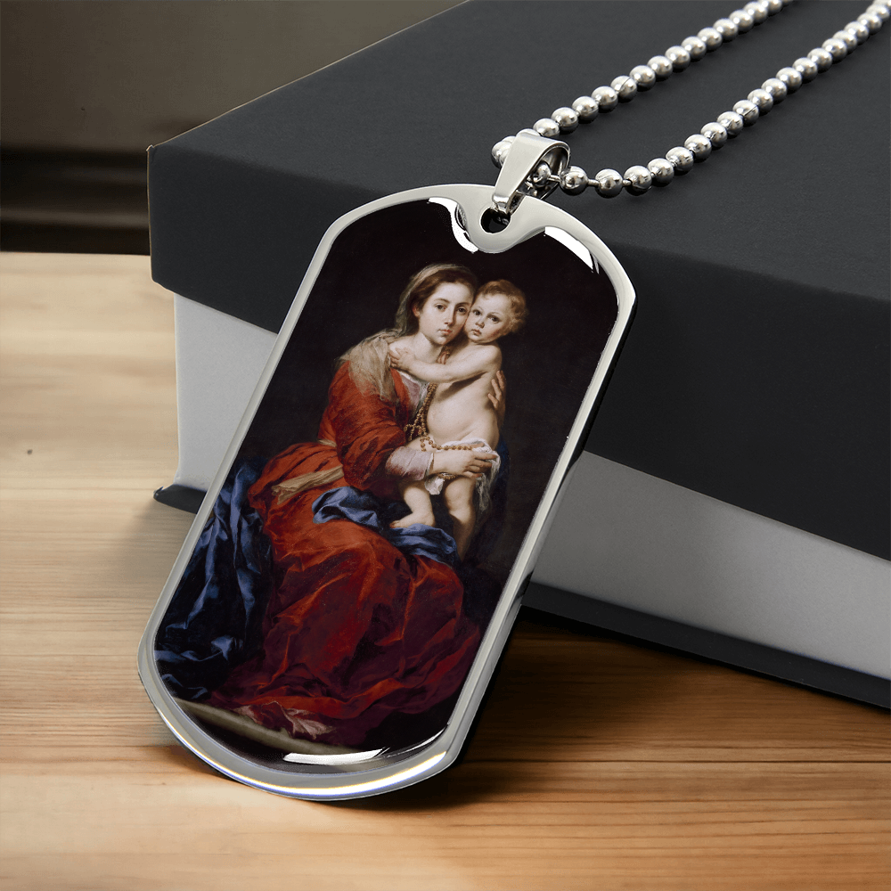 Our Lady of the Rosary Tag Necklace with Personalized Engraving