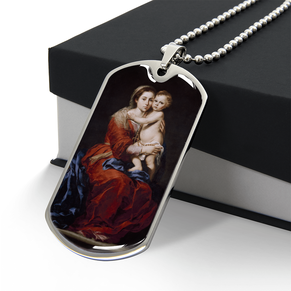 Our Lady of the Rosary Tag Necklace with Personalized Engraving