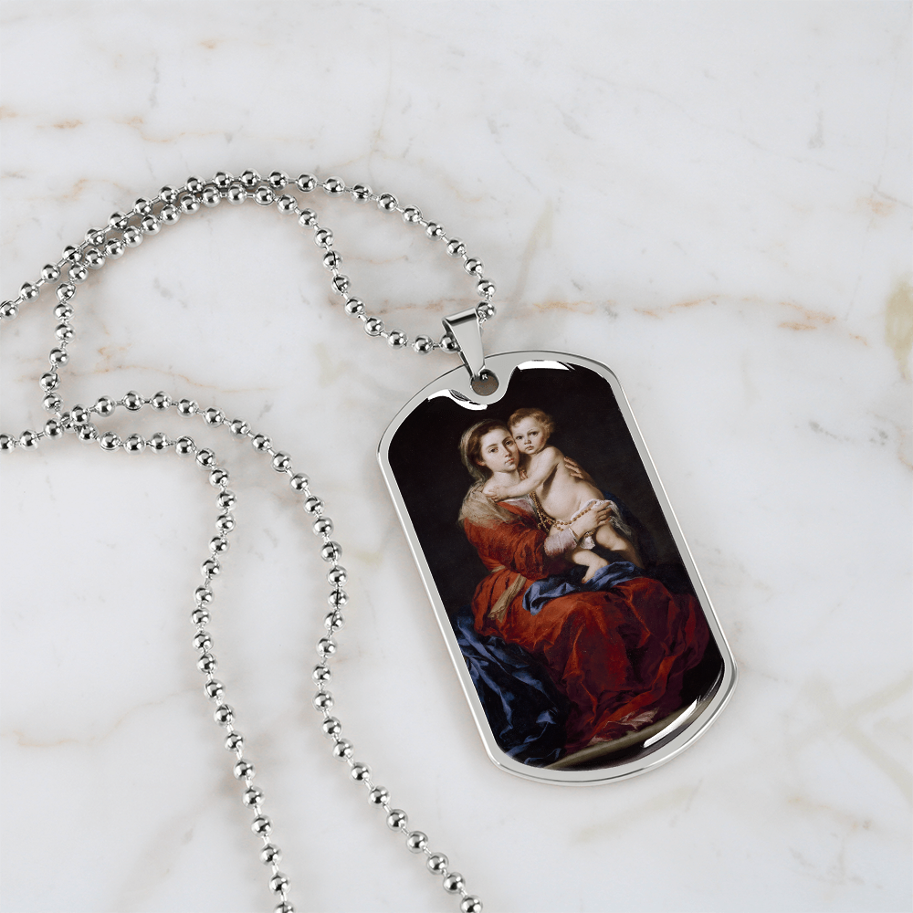Our Lady of the Rosary Tag Necklace with Personalized Engraving