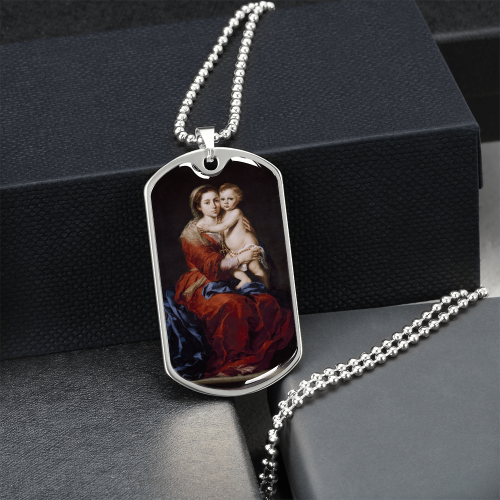 Our Lady of the Rosary Tag Necklace with Personalized Engraving