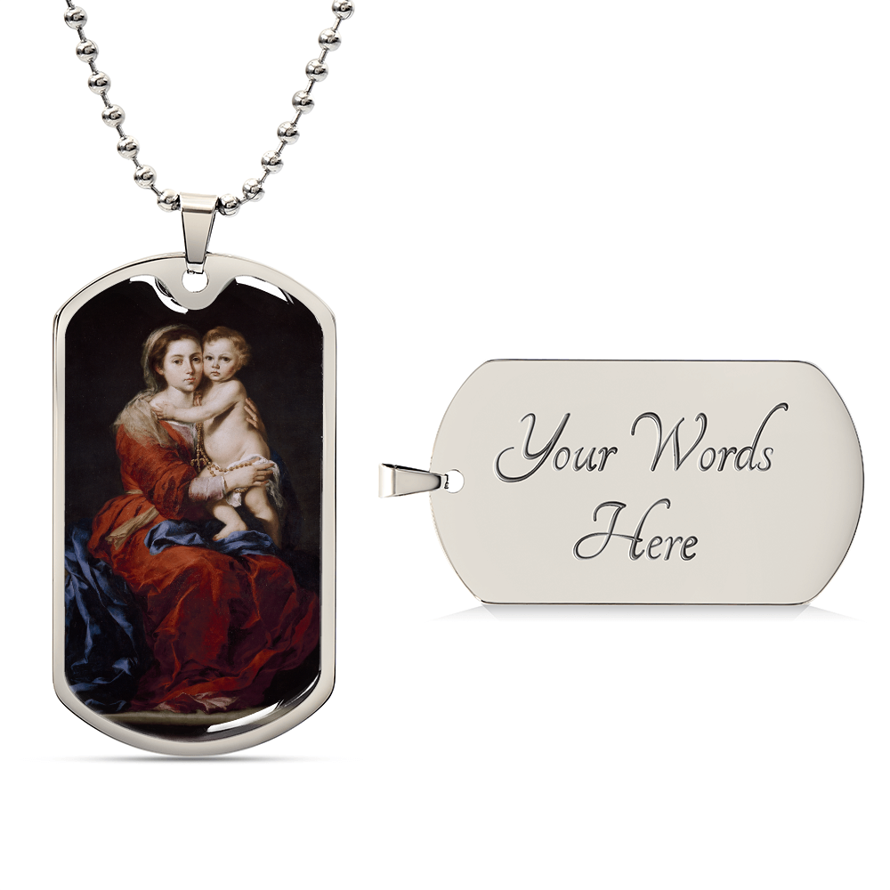 Our Lady of the Rosary Tag Necklace with Personalized Engraving
